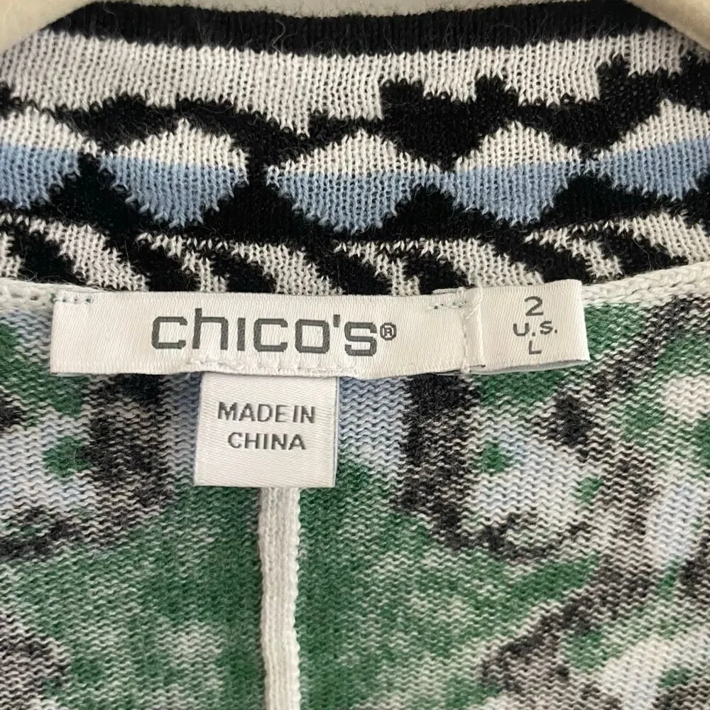 Chico’s Green Ikat Print Cardigan Kimono Linen Sweater Women’s Size 2 Large - Picture 2 of 6